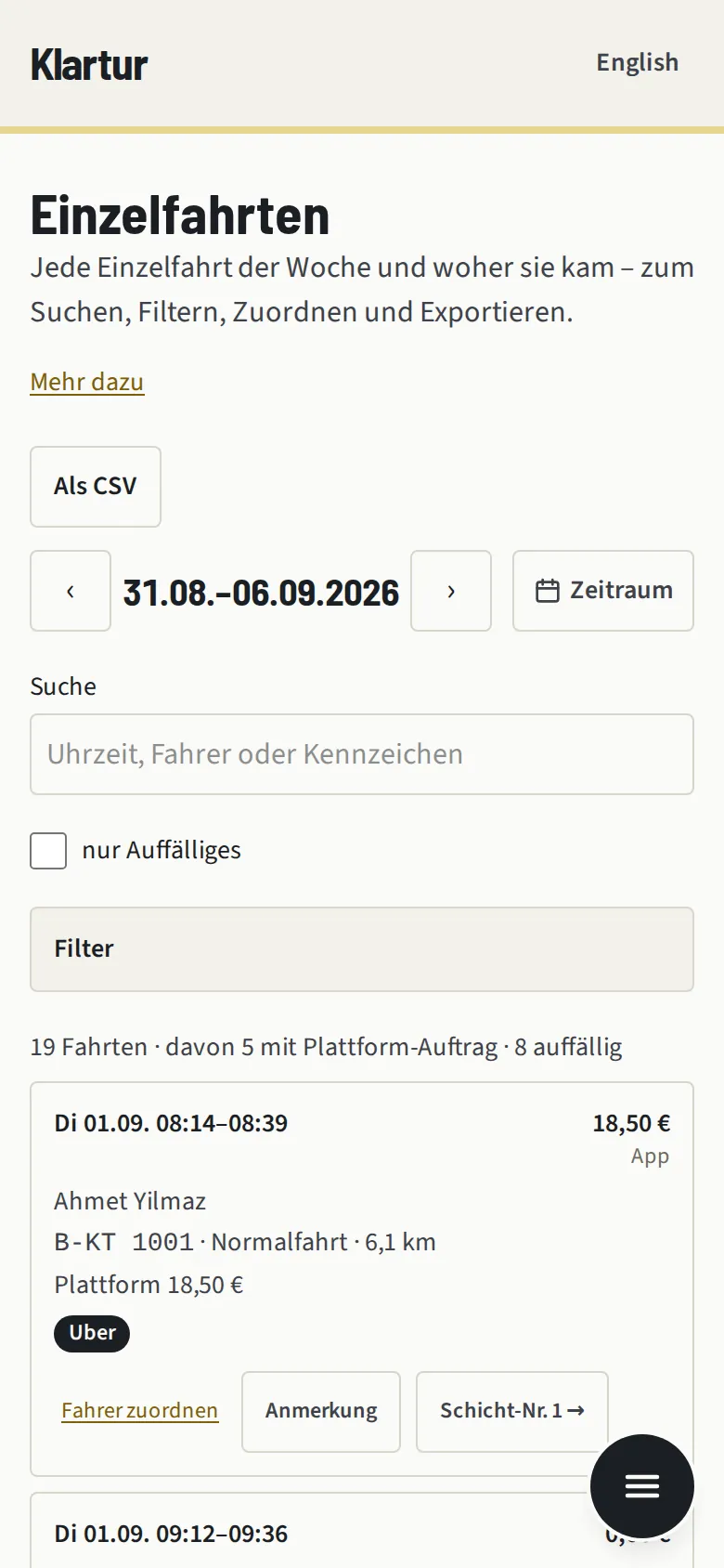 Die Seite Einzelfahrten mit Fahrten am Taxameter und ihrer Herkunft