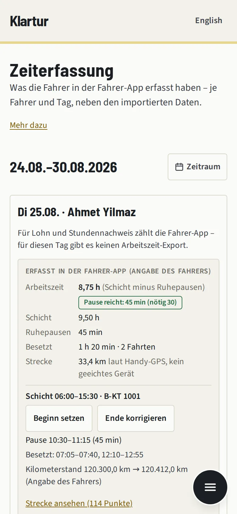 Die Seite Zeiterfassung mit den erfassten Tagen eines Fahrers